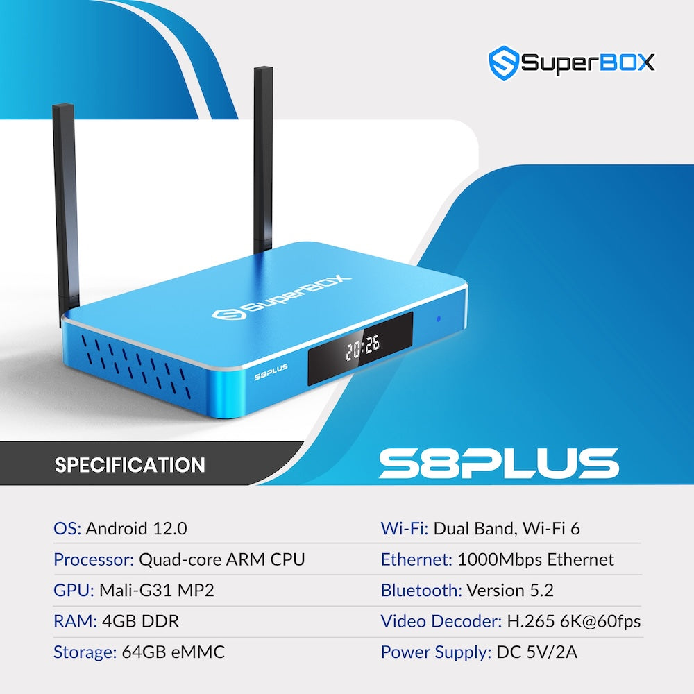 SuperBox S8 Plus Android TV Box – 4GB RAM, 64GB Storage, Wi-Fi 6, 6K, Android 12